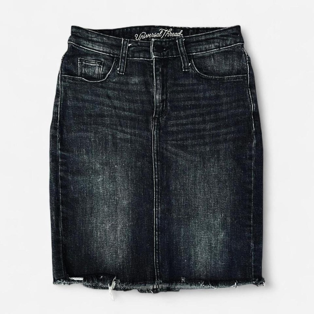 Womens Raw Hem Denim Mini Skirt Black Y2K Universal Thread Size 2/26R Distressed